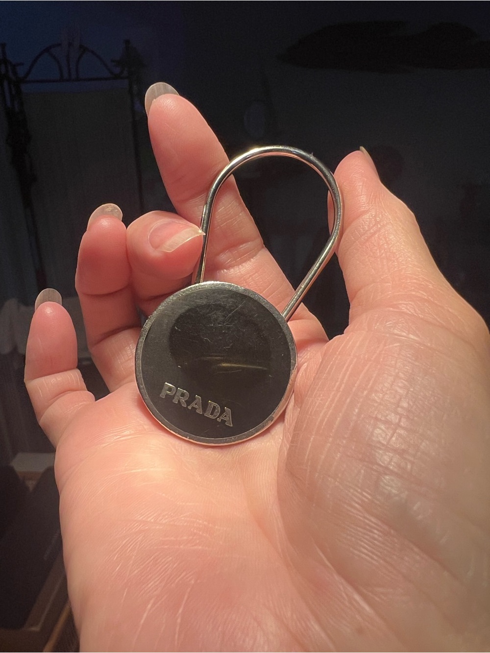 Prada Silver Round Metal Keyring with Logo